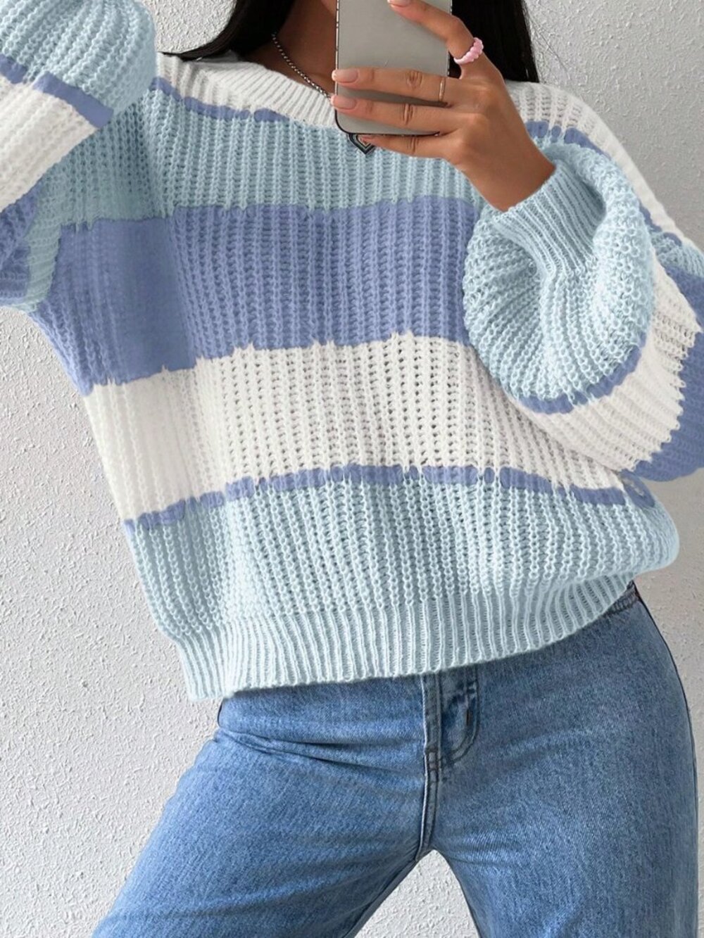 Women's Colorblock Rib-Knit Drop Shoulder Sweater - Picture 4 of 9